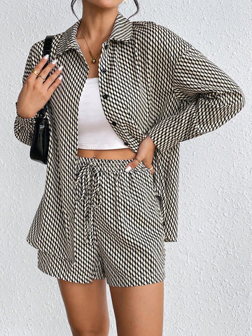 Allover Print Drop Shoulder Shirt & Knot Front Shorts