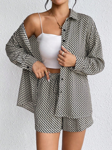 Allover Print Drop Shoulder Shirt & Knot Front Shorts