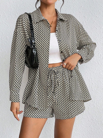 Allover Print Drop Shoulder Shirt & Knot Front Shorts