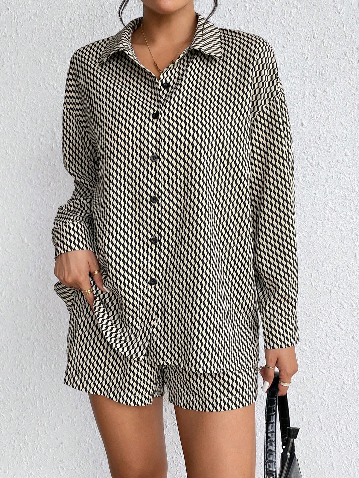 Allover Print Drop Shoulder Shirt & Knot Front Shorts