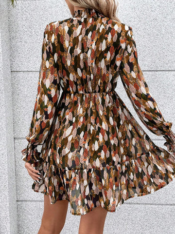 Allover Print Flounce Sleeve Ruffle Hem Pleated Collar Shirred Dress