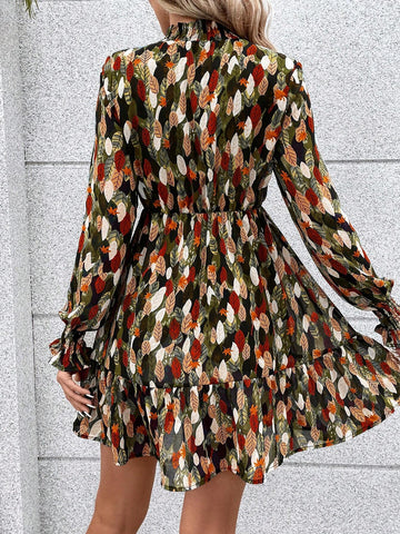 Allover Print Flounce Sleeve Ruffle Hem Pleated Collar Shirred Dress