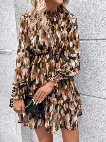 Allover Print Flounce Sleeve Ruffle Hem Pleated Collar Shirred Dress