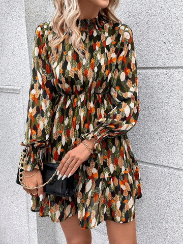 Allover Print Flounce Sleeve Ruffle Hem Pleated Collar Shirred Dress