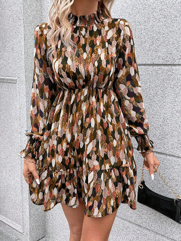 Allover Print Flounce Sleeve Ruffle Hem Pleated Collar Shirred Dress