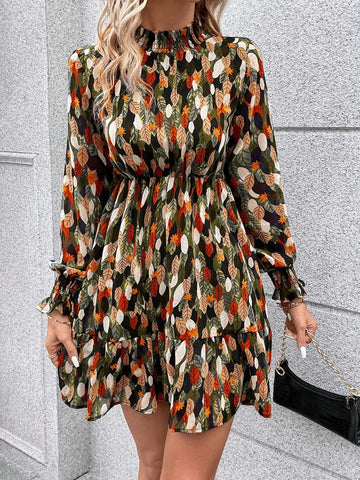 Allover Print Flounce Sleeve Ruffle Hem Pleated Collar Shirred Dress
