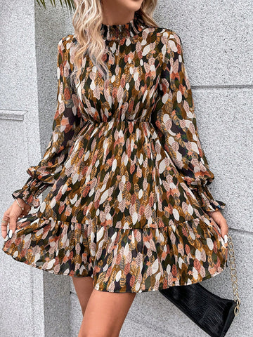 Allover Print Flounce Sleeve Ruffle Hem Pleated Collar Shirred Dress