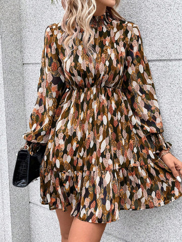 Allover Print Flounce Sleeve Ruffle Hem Pleated Collar Shirred Dress