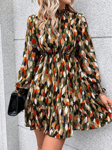 Allover Print Flounce Sleeve Ruffle Hem Pleated Collar Shirred Dress