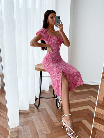 Frenchy Allover Print Square Neck Ruched Bust Milkmaid Dress