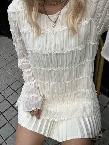 Frenchy Apricot Chiffon Pleated Round Neck Long Sleeve Casual Office Shirt