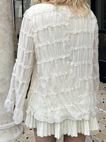 Frenchy Apricot Chiffon Pleated Round Neck Long Sleeve Casual Office Shirt