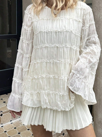 Frenchy Apricot Chiffon Pleated Round Neck Long Sleeve Casual Office Shirt