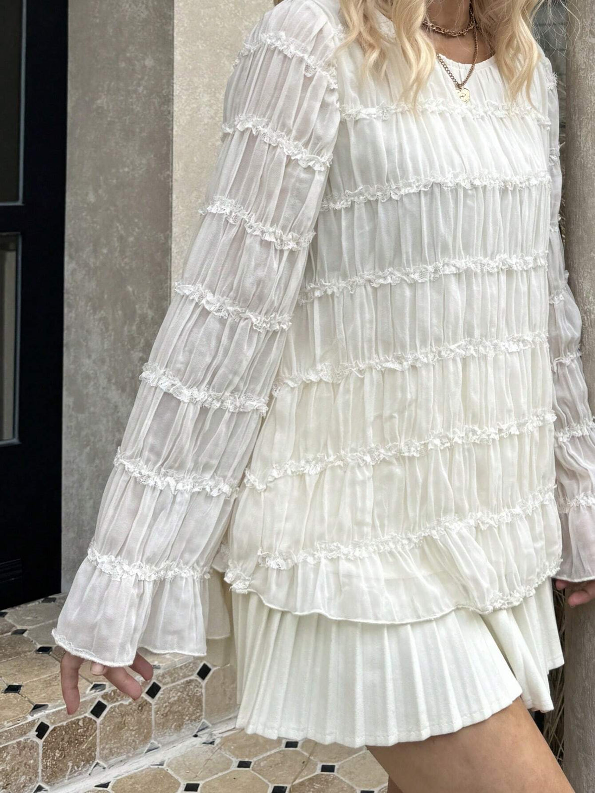 Frenchy Apricot Chiffon Pleated Round Neck Long Sleeve Casual Office Shirt