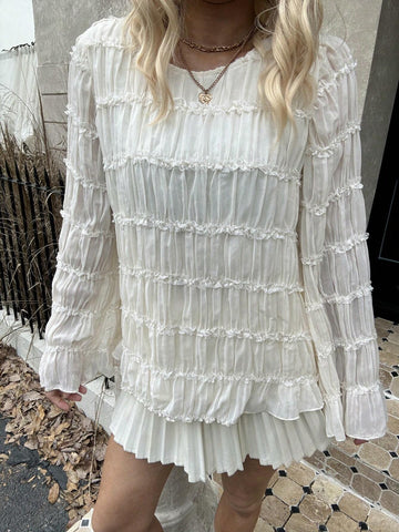 Frenchy Apricot Chiffon Pleated Round Neck Long Sleeve Casual Office Shirt