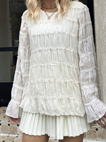 Frenchy Apricot Chiffon Pleated Round Neck Long Sleeve Casual Office Shirt