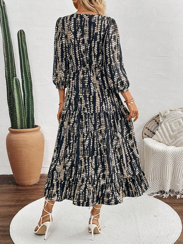 Asymmetrical Print Long Sleeve Dress For Women