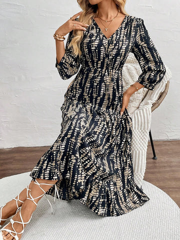 Asymmetrical Print Long Sleeve Dress For Women