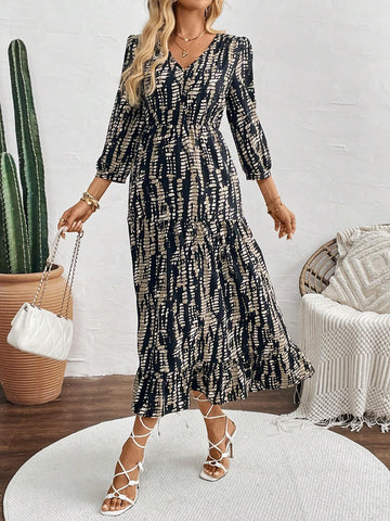 Asymmetrical Print Long Sleeve Dress For Women