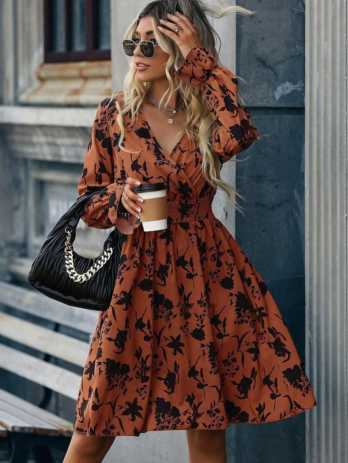 Autumn Casual Floral All-Over Print Cinched Waist Dress