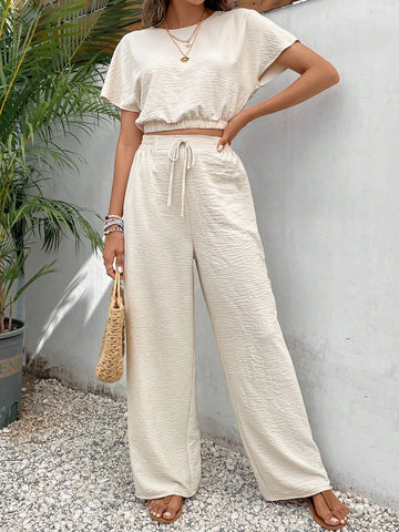 Batwing Sleeve Crop Top & Drawstring Waist Pants