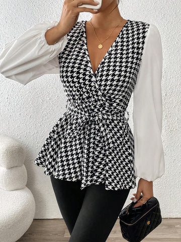 Frenchy Black & White Houndstooth Print Cross V-Neck Fitted Long Sleeve Elegant Blouse