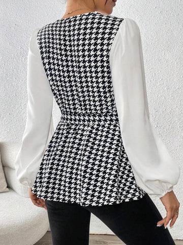 Frenchy Black & White Houndstooth Print Cross V-Neck Fitted Long Sleeve Elegant Blouse