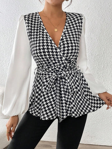 Frenchy Black & White Houndstooth Print Cross V-Neck Fitted Long Sleeve Elegant Blouse