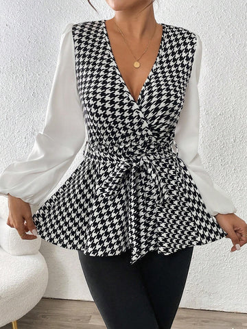 Frenchy Black & White Houndstooth Print Cross V-Neck Fitted Long Sleeve Elegant Blouse