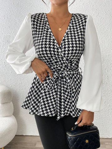 Frenchy Black & White Houndstooth Print Cross V-Neck Fitted Long Sleeve Elegant Blouse