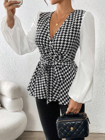 Frenchy Black & White Houndstooth Print Cross V-Neck Fitted Long Sleeve Elegant Blouse