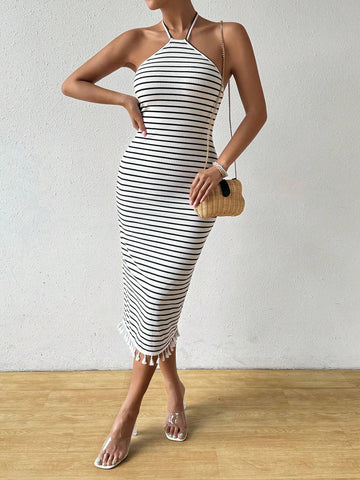 Black & White Striped Beach Style Bodycon Dress