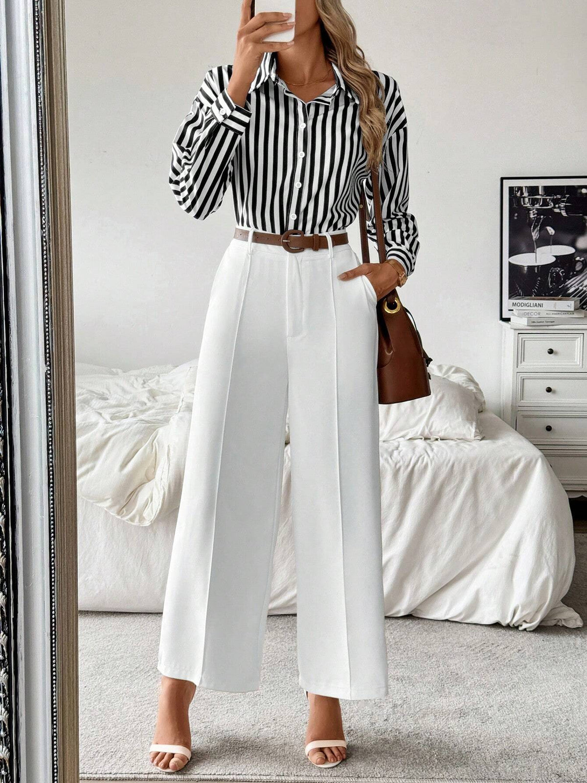 Blue And White Striped Casual Collared Shirt Paired With White Straight Leg Pants, Minimalist Versatile Casual Outfit