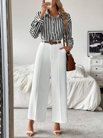 Blue And White Striped Casual Collared Shirt Paired With White Straight Leg Pants, Minimalist Versatile Casual Outfit