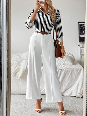 Blue And White Striped Casual Collared Shirt Paired With White Straight Leg Pants, Minimalist Versatile Casual Outfit