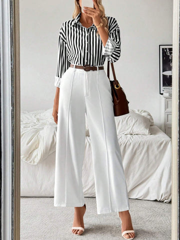 Blue And White Striped Casual Collared Shirt Paired With White Straight Leg Pants, Minimalist Versatile Casual Outfit