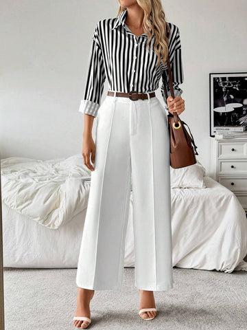 Blue And White Striped Casual Collared Shirt Paired With White Straight Leg Pants, Minimalist Versatile Casual Outfit
