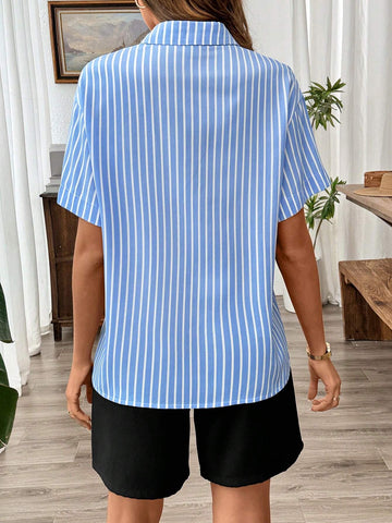 Frenchy Blue Striped Loose Short-Sleeved Cardigan Shirt For Summer