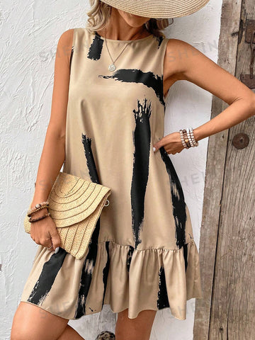 Brush Printed Ruffle Hem Sleeveless Dress