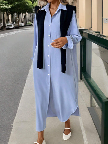 Button-Down Collar Casual Loose Fit Blue Dress For Professional Women