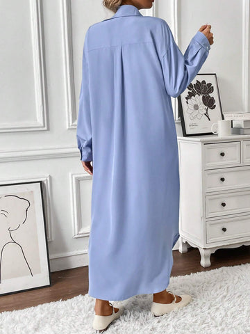 Button-Down Collar Casual Loose Fit Blue Dress For Professional Women