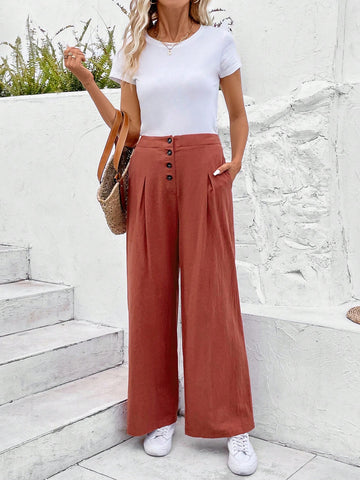 Frenchy Button Fly Slant Pocket Wide Leg Pants