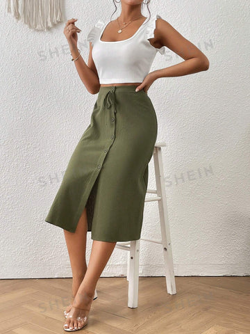 Frenchy Button Front Knot Front Skirt