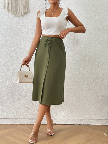 Frenchy Button Front Knot Front Skirt