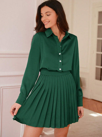 Frenchy Button Front Satin Blouse & Pleated Skirt