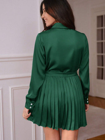 Frenchy Button Front Satin Blouse & Pleated Skirt