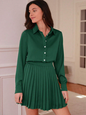 Frenchy Button Front Satin Blouse & Pleated Skirt