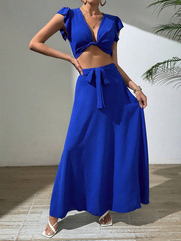 Cap Sleeve V-Neck Twisted Crop Top With Skirt Two Piece Set