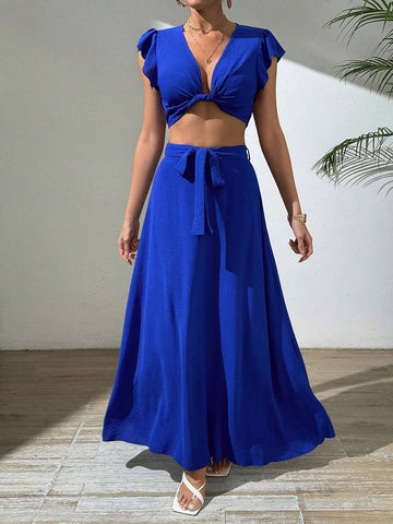 Cap Sleeve V-Neck Twisted Crop Top With Skirt Two Piece Set