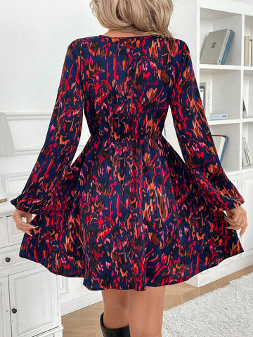 Casual All-Over Print Lantern Sleeve Cinched Waist Dress, Autumn